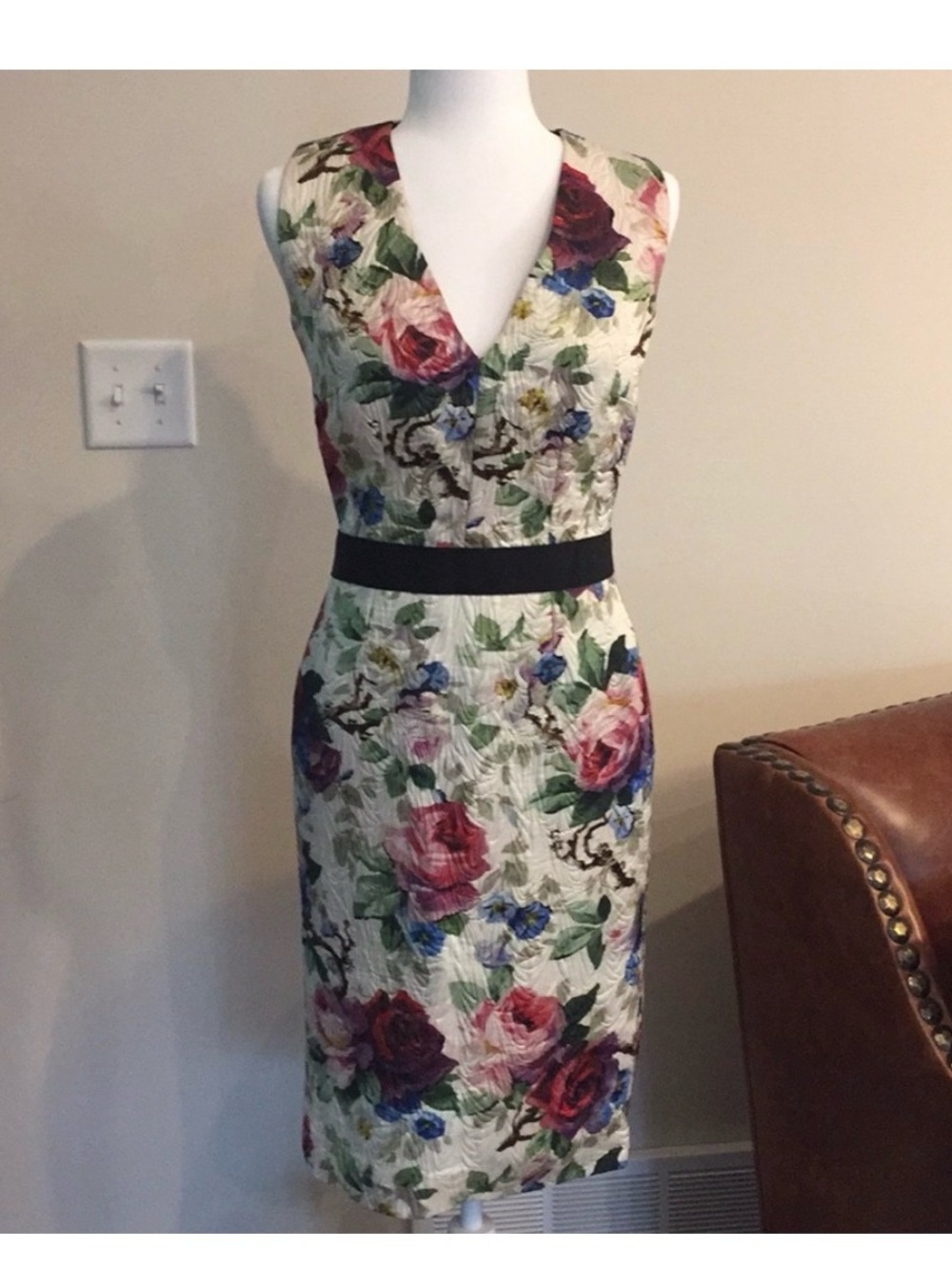 Dolce & Gabbana Cream Floral V-Neck Midi Dress with Black Waistband